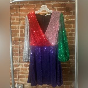 Alice and Olivia color-blocked, deep v-neck sequin dress
